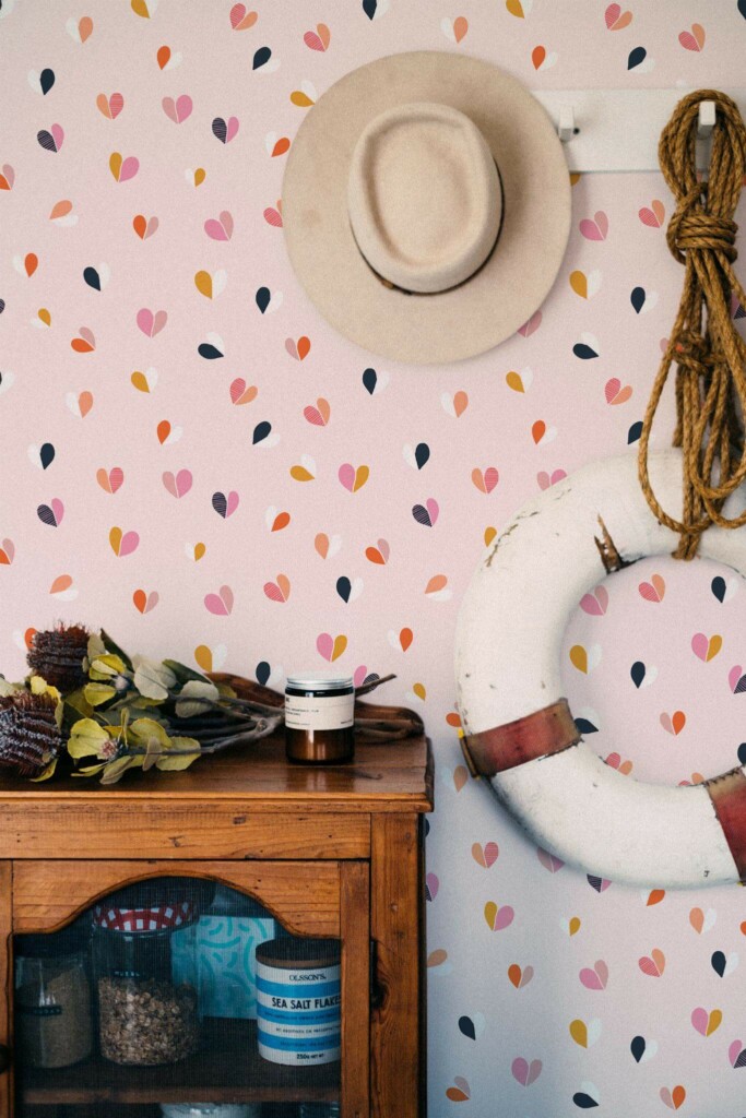 Coastal nautical style living room decorated with Colorful small hearts peel and stick wallpaper