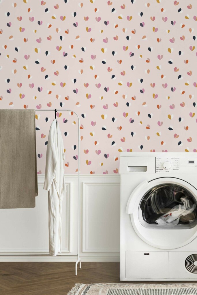 Minimal modern style laundry room decorated with Colorful small hearts peel and stick wallpaper
