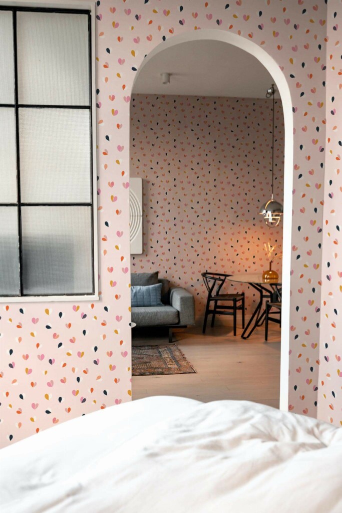 Modern scandinavian style living room decorated with Colorful small hearts peel and stick wallpaper