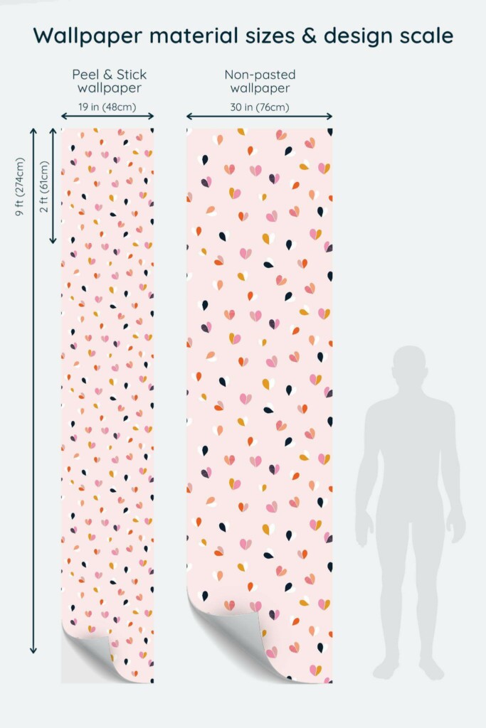 Size comparison of Colorful small hearts Peel & Stick and Non-pasted wallpapers with design scale relative to human figure