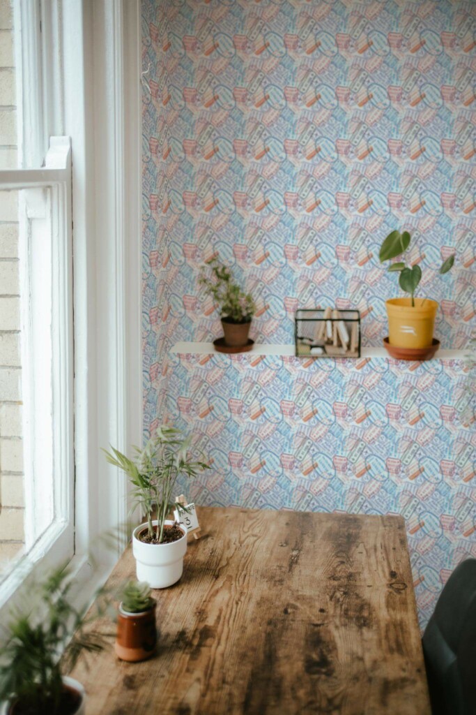 Farmhouse style home office decorated with Colorful stamp peel and stick wallpaper