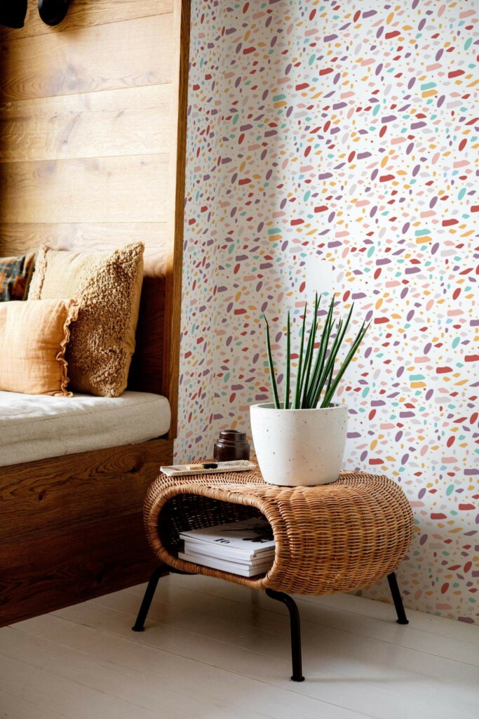 Mid-century modern style bedroom decorated with Colorful Terrazzo peel and stick wallpaper