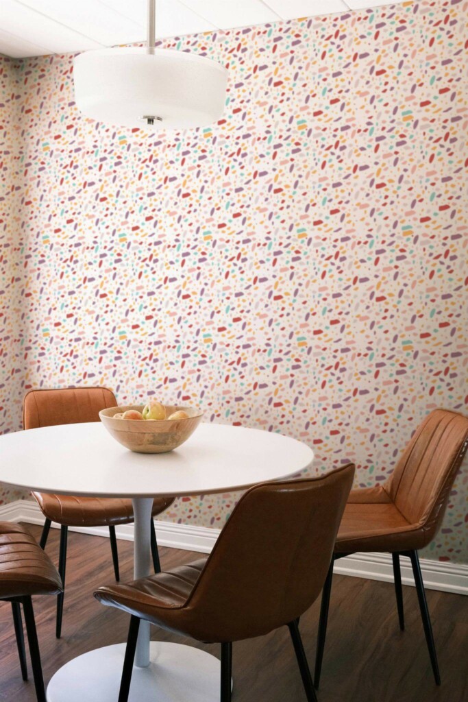 Mid-century modern style dining room decorated with Colorful Terrazzo peel and stick wallpaper