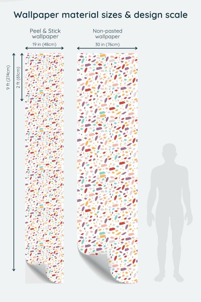 Size comparison of Colorful terrazzo Peel & Stick and Non-pasted wallpapers with design scale relative to human figure