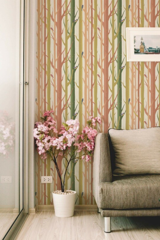 Modern farmhouse style living room decorated with Colorful trees peel and stick wallpaper
