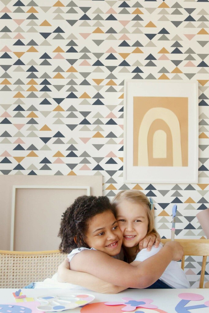 Boho style kids playroom decorated with Colorful triangles peel and stick wallpaper