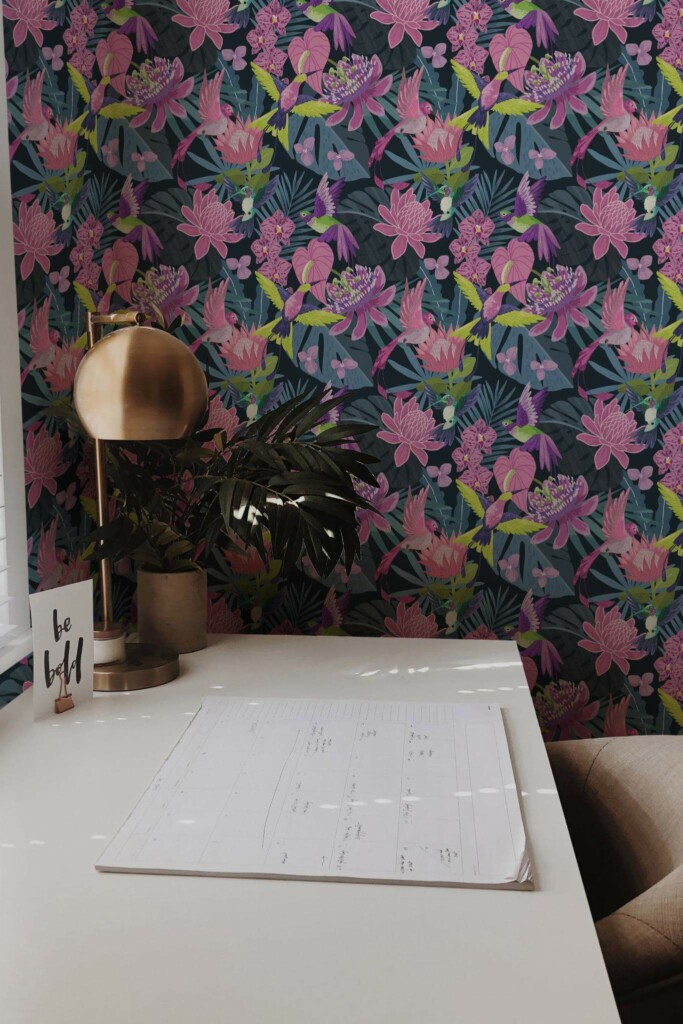 Rustic style home office decorated with Colorful tropical peel and stick wallpaper