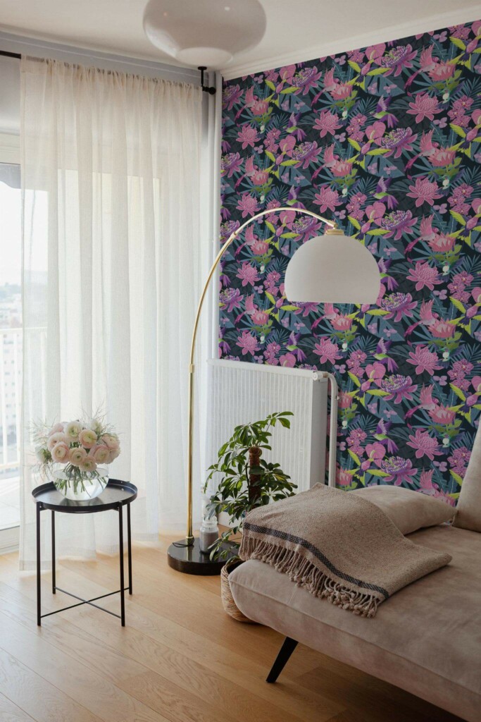 Bohemian Scandinavian style living room decorated with Colorful tropical peel and stick wallpaper