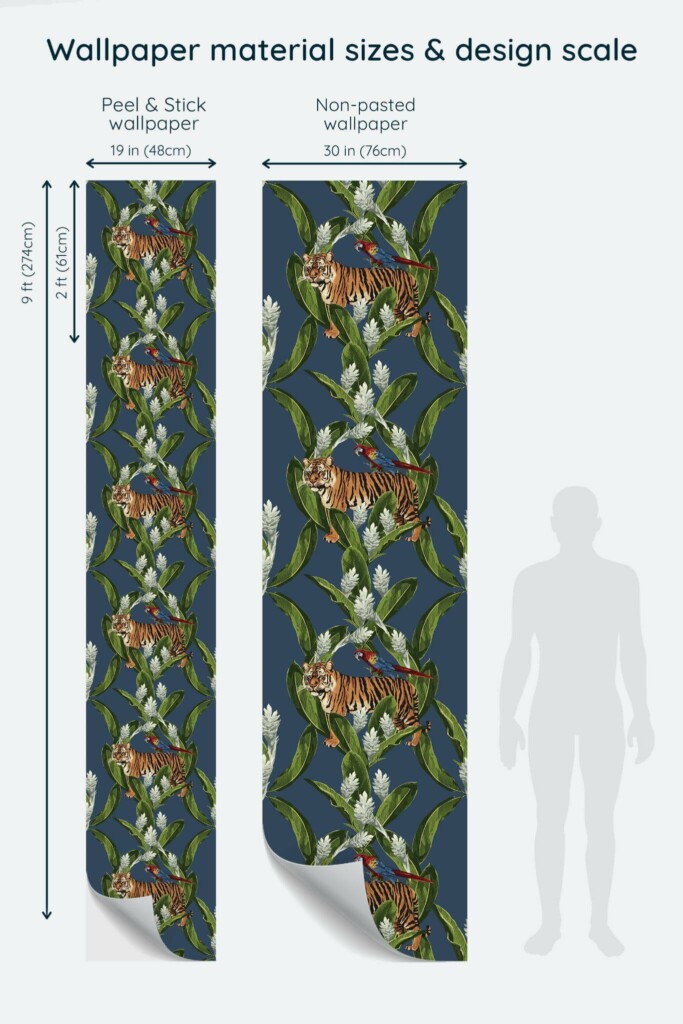Size comparison of Colorful Tropics Peel & Stick and Non-pasted wallpapers with design scale relative to human figure