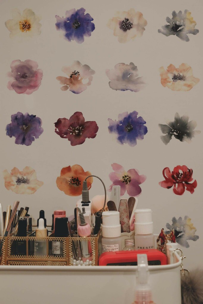 Boho style beauty salon decorated with Colorful watercolor beauty room peel and stick wallpaper