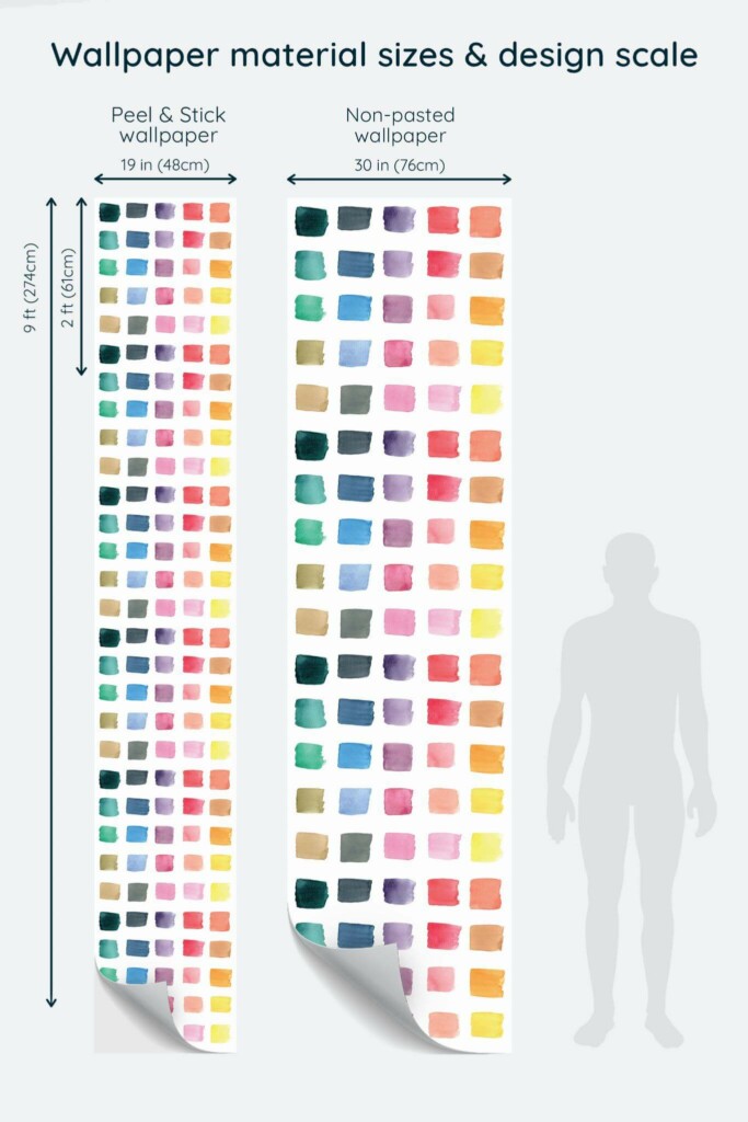 Size comparison of Colorful watercolor brush stroke Peel & Stick and Non-pasted wallpapers with design scale relative to human figure