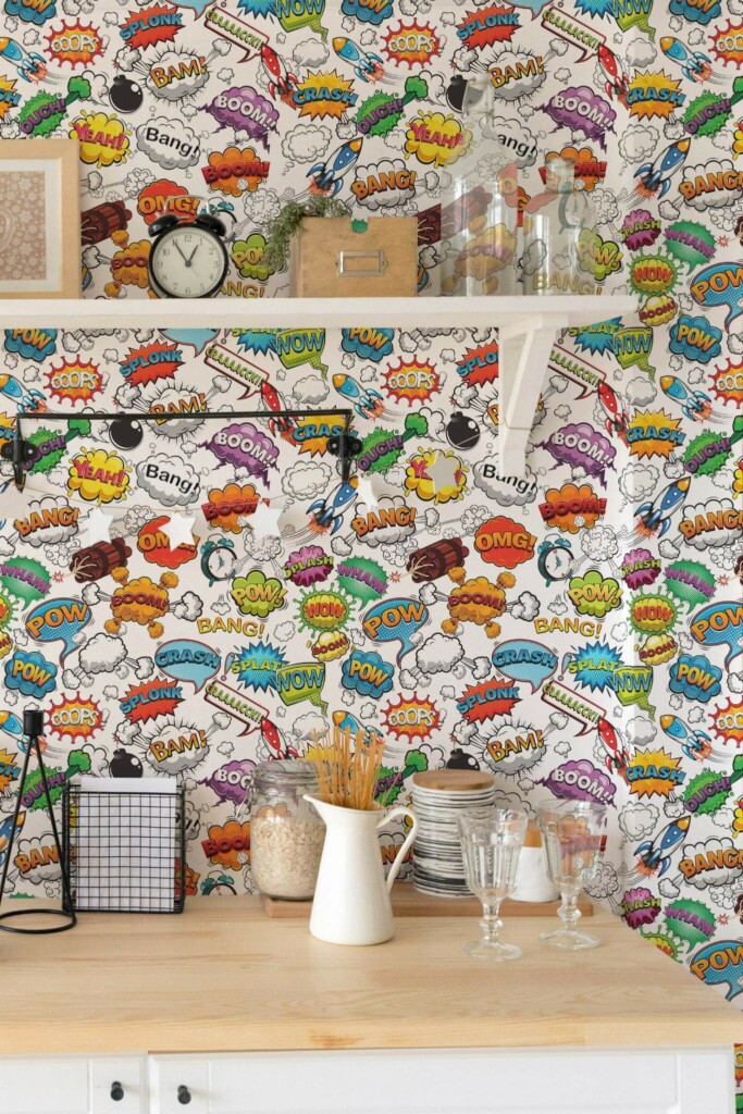 Light farmhouse style kitchen decorated with Comic speech bubbles peel and stick wallpaper