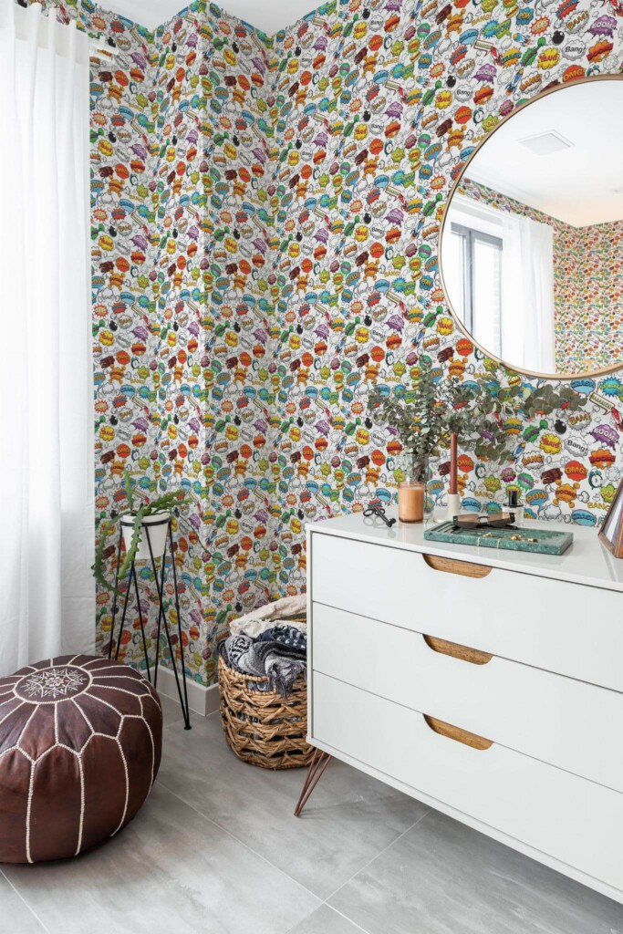 Scandinavian style bedroom decorated with Comic speech bubbles peel and stick wallpaper and Mediterranean accents