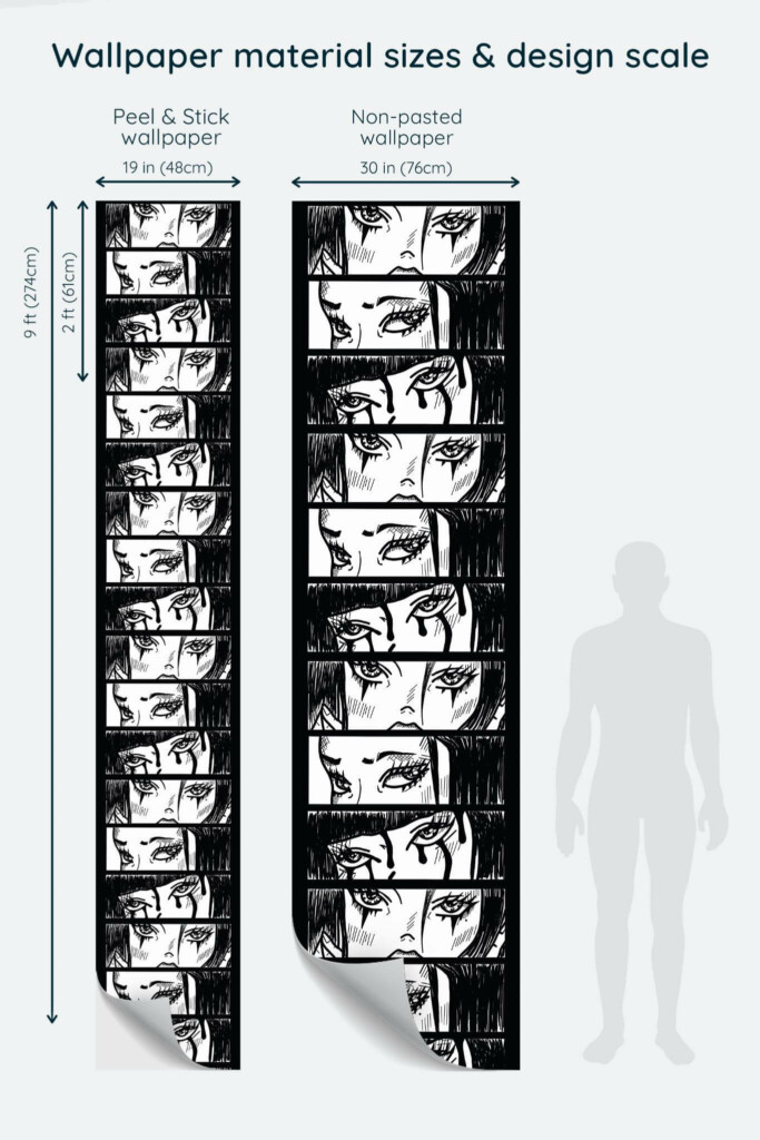 Size comparison of Comics abstract Peel & Stick and Non-pasted wallpapers with design scale relative to human figure