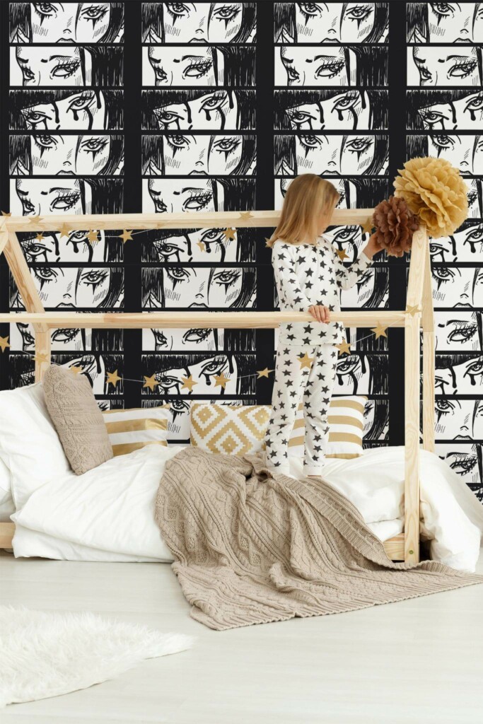 Bohemian style kids room decorated with Comics peel and stick wallpaper