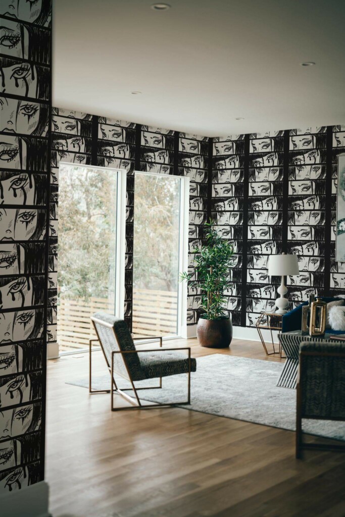 Modern style living room decorated with Comics peel and stick wallpaper