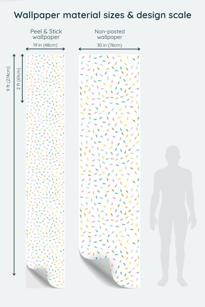 Size comparison of Confetti Peel & Stick and Non-pasted wallpapers with design scale relative to human figure