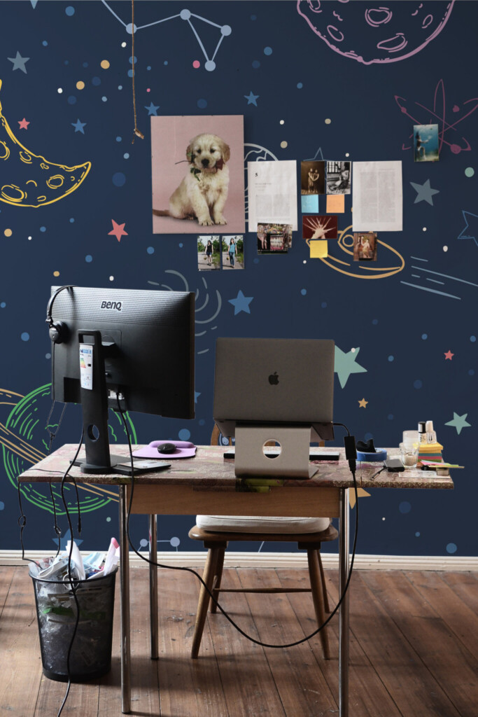 Peel and stick wall murals in a galaxy theme with planets and stars on blue background by Fancy Walls