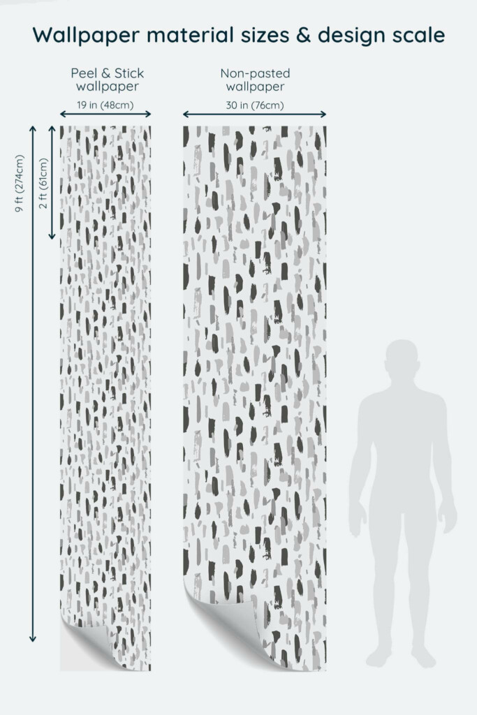 Size comparison of Contemporary brush stroke Peel & Stick and Non-pasted wallpapers with design scale relative to human figure