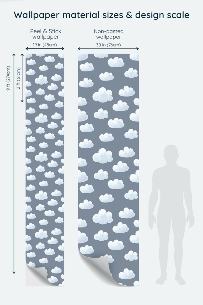 Size comparison of Contemporary cloud Peel & Stick and Non-pasted wallpapers with design scale relative to human figure