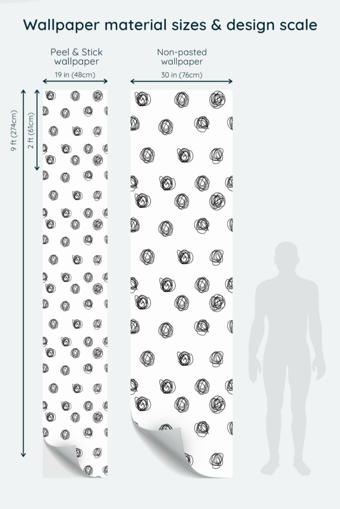 Size comparison of Contemporary dots Peel & Stick and Non-pasted wallpapers with design scale relative to human figure