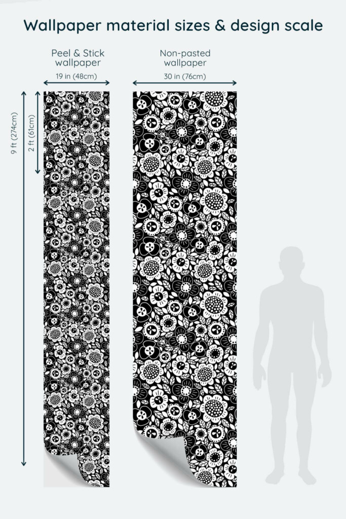 Size comparison of Contemporary floral Peel & Stick and Non-pasted wallpapers with design scale relative to human figure