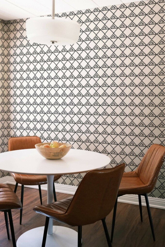 Mid-century modern style dining room decorated with Contemporary geometric design peel and stick wallpaper