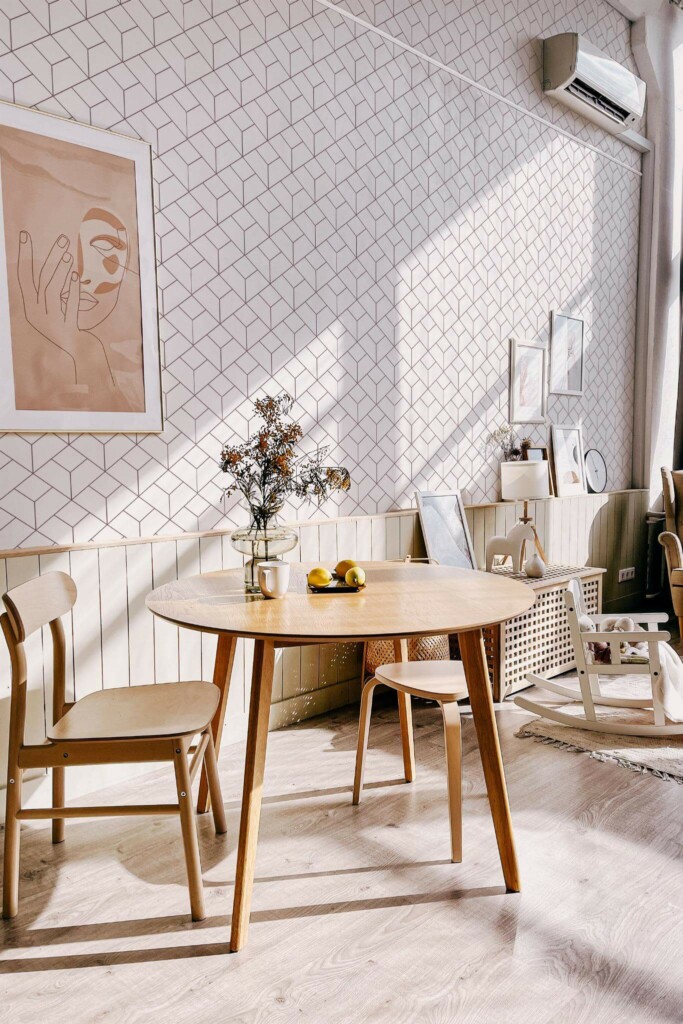 Modern boho style dining living room decorated with Contemporary Geometric peel and stick wallpaper