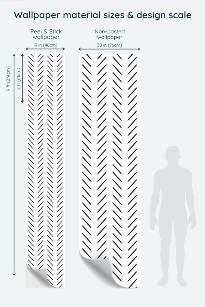 Size comparison of Contemporary herringbone Peel & Stick and Non-pasted wallpapers with design scale relative to human figure