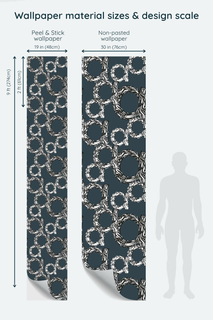 Size comparison of Contemporary letter a Peel & Stick and Non-pasted wallpapers with design scale relative to human figure