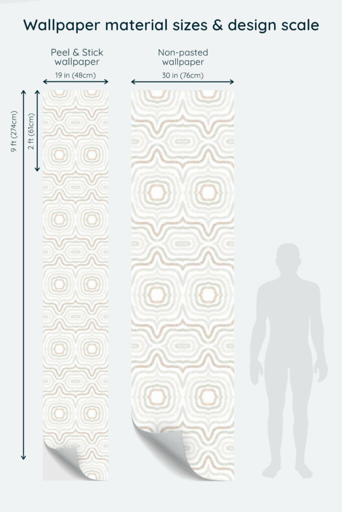 Size comparison of Contemporary Moroccan design Peel & Stick and Non-pasted wallpapers with design scale relative to human figure