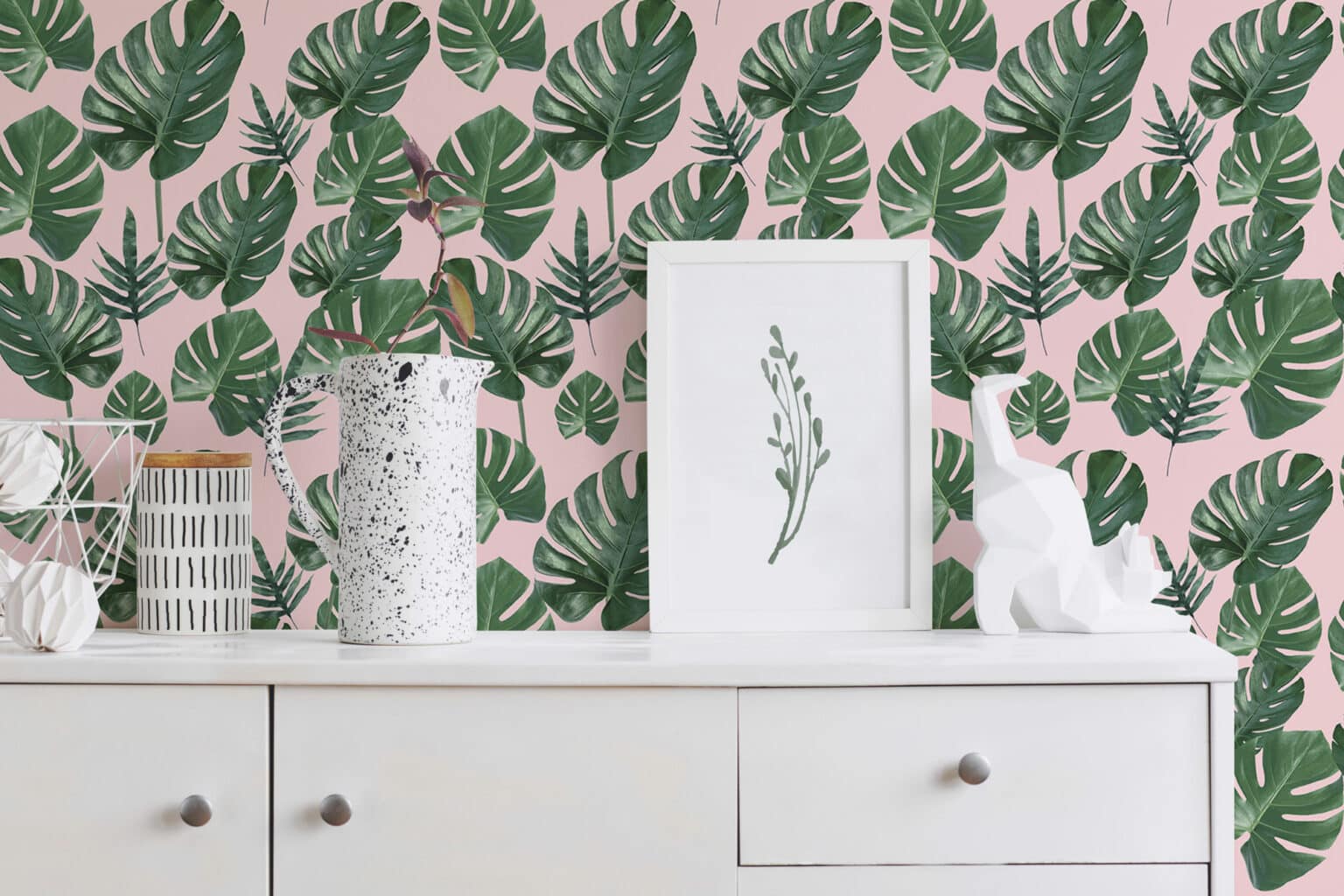 Pink and green tropical leaf wallpaper - Peel and Stick or Non-Pasted