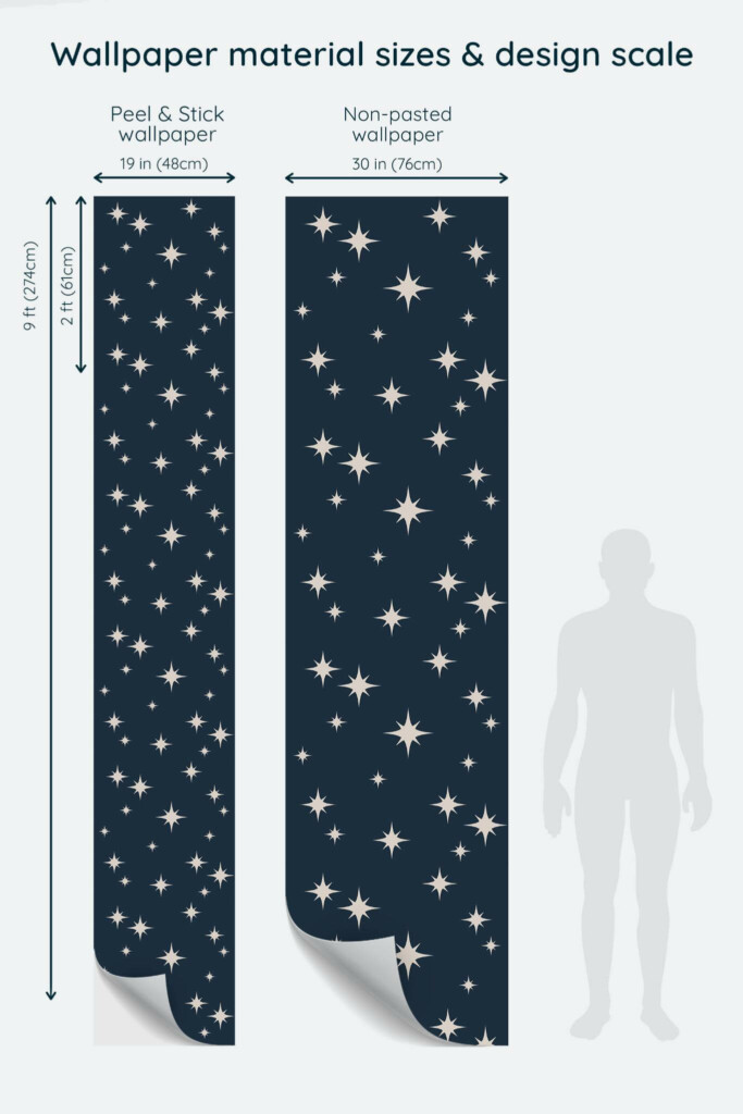 Size comparison of Contemporary stars Peel & Stick and Non-pasted wallpapers with design scale relative to human figure