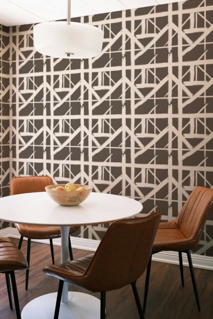 Mid-century modern style dining room decorated with Contemporary striped peel and stick wallpaper