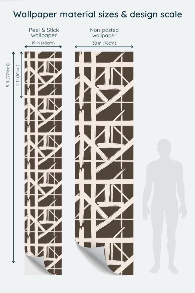 Size comparison of Contemporary striped Peel & Stick and Non-pasted wallpapers with design scale relative to human figure