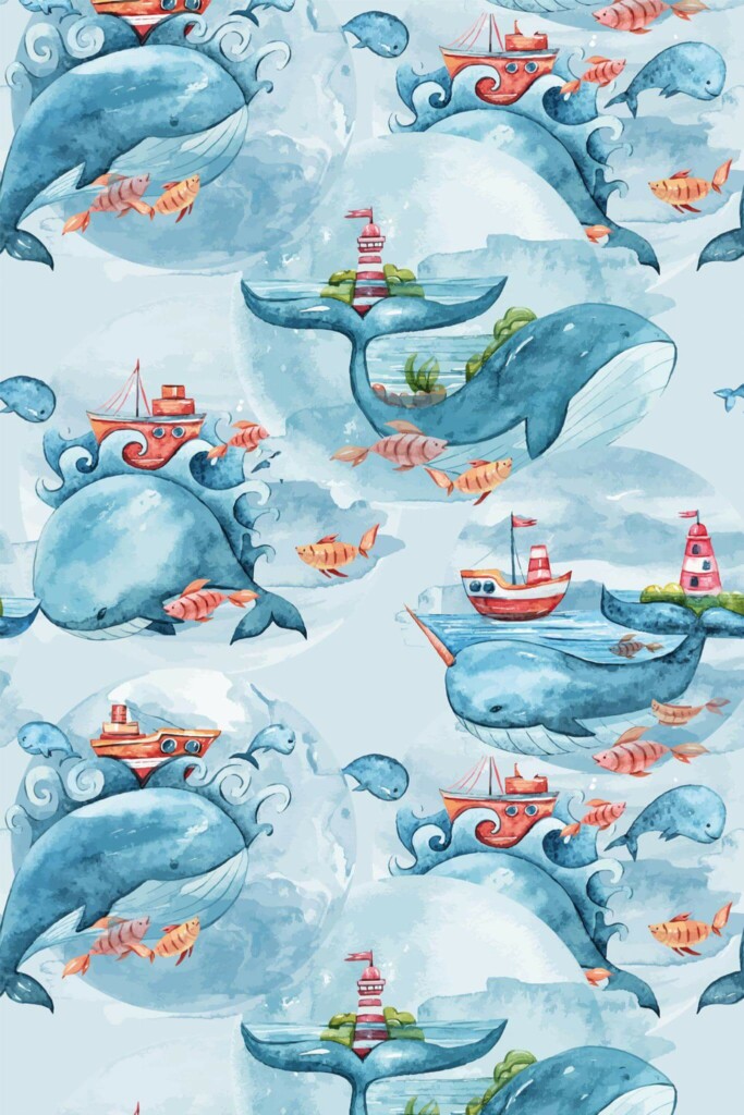Pattern repeat of Contemporary whale removable wallpaper design