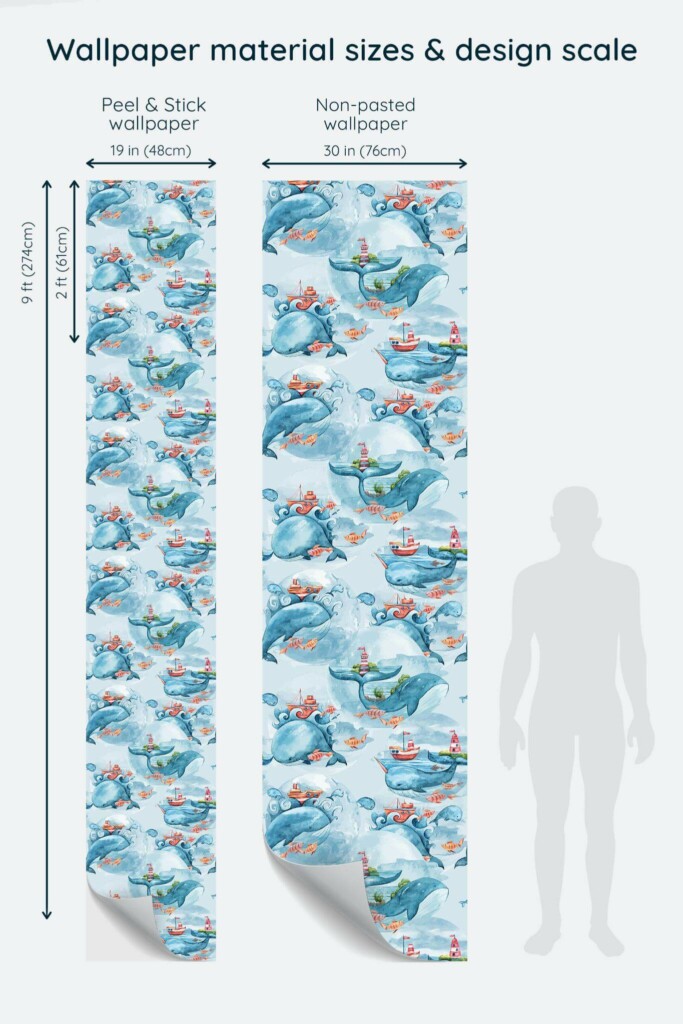 Size comparison of Contemporary whale Peel & Stick and Non-pasted wallpapers with design scale relative to human figure