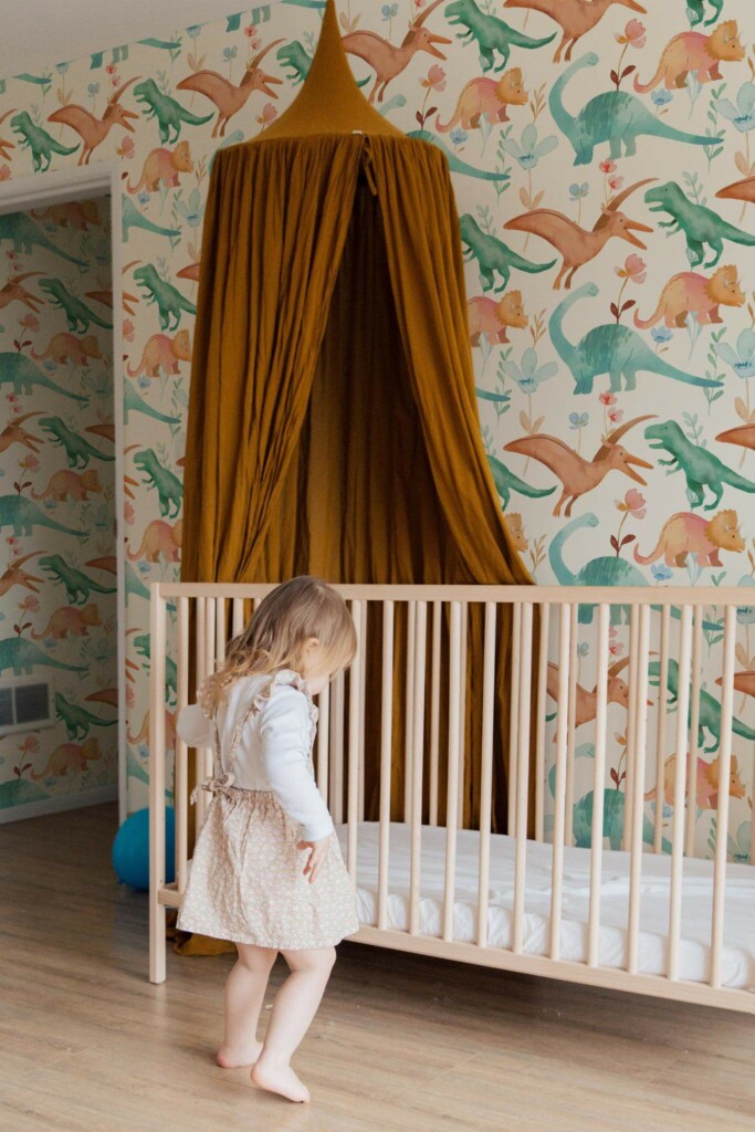 Neutral style nursery decorated with Cool dinosaur peel and stick wallpaper