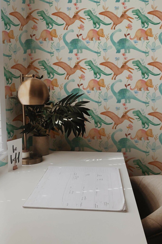Rustic style home office decorated with Cool dinosaur peel and stick wallpaper