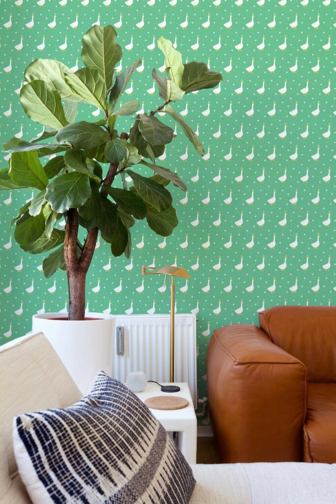 Mid-century style living room decorated with Cool duck peel and stick wallpaper