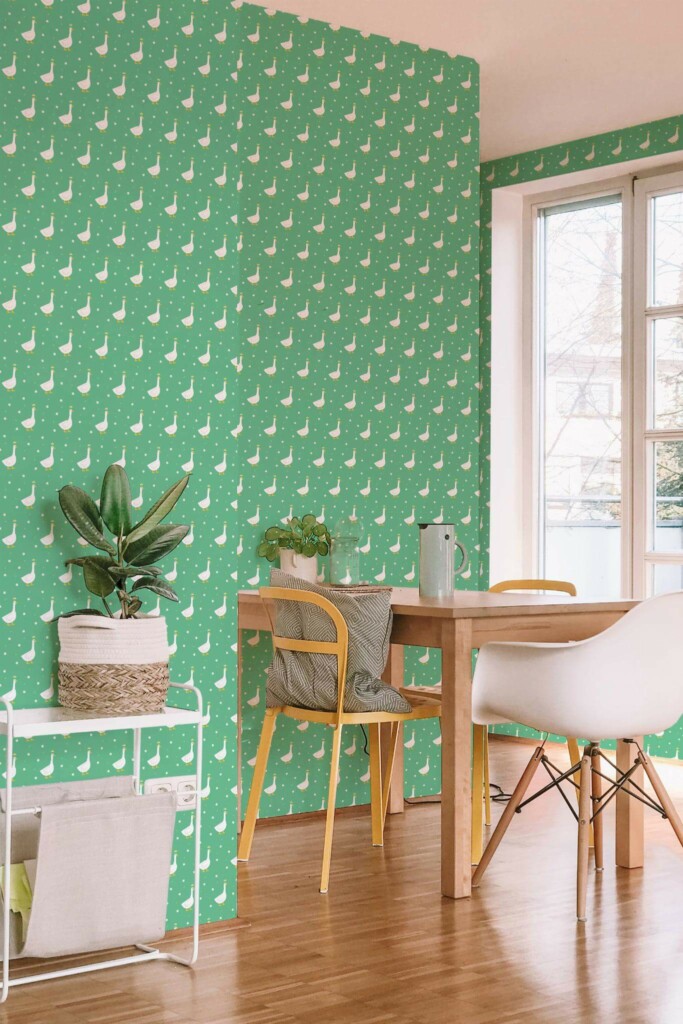 Minimal scandinavian style dining room decorated with Cool duck peel and stick wallpaper