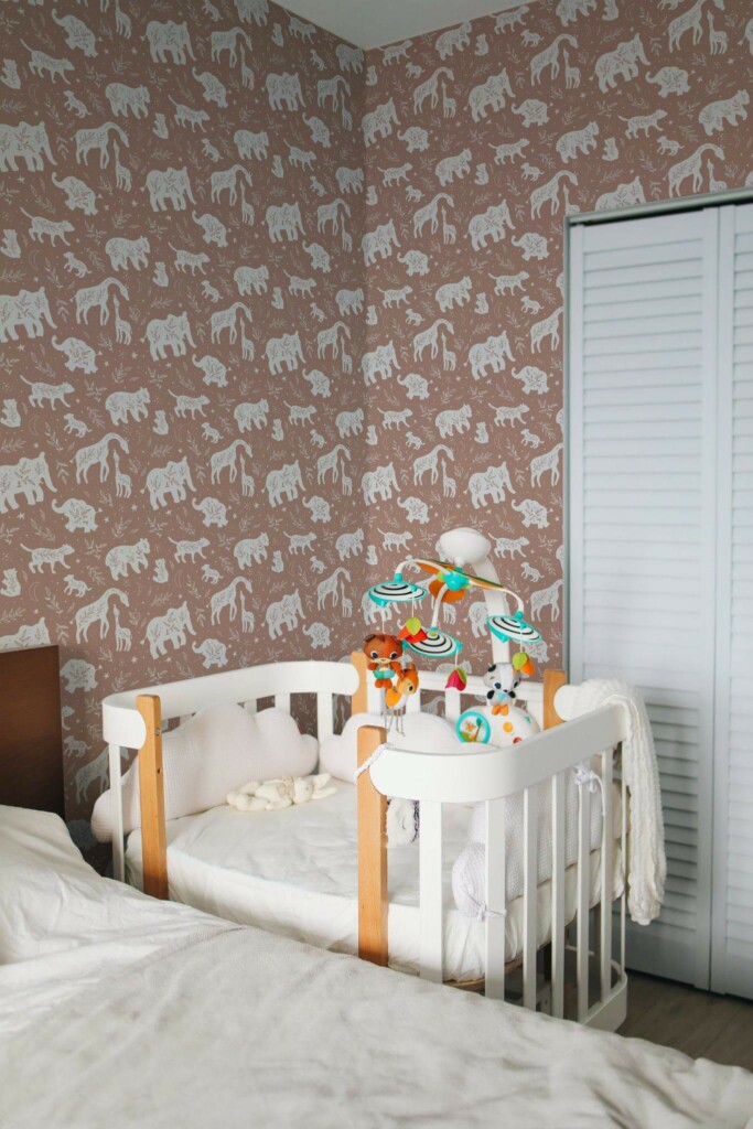 Scandinavian style nursery decorated with Copper boho animals peel and stick wallpaper
