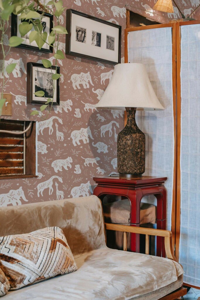 Southwestern style living room decorated with Copper boho animals peel and stick wallpaper