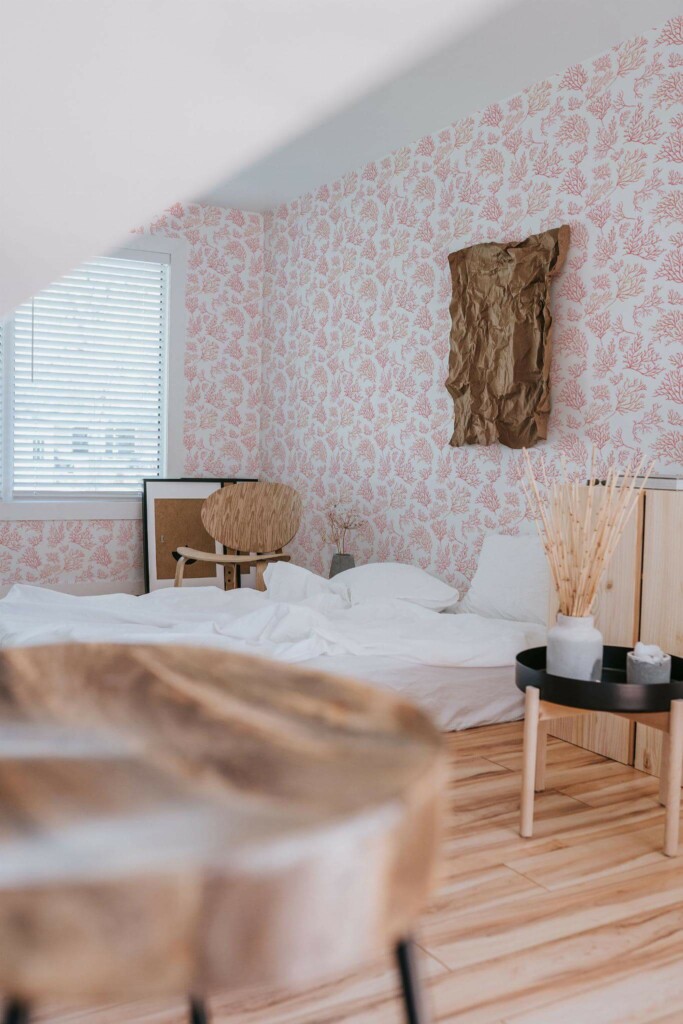 Boho style bedroom decorated with Coral peel and stick wallpaper