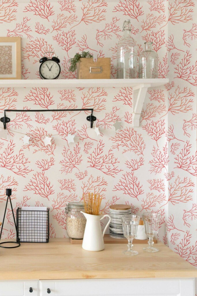 Light farmhouse style kitchen decorated with Coral peel and stick wallpaper
