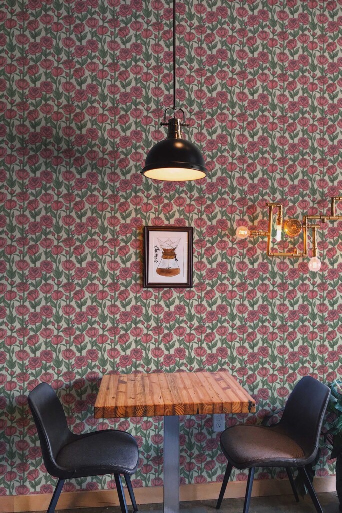 Rosy Chateau wallpaper peel and stick or non-pasted. Fancy Walls self-adhesive or traditional rose floral modern wallpaper for cafe, kitchen and dining rooms
