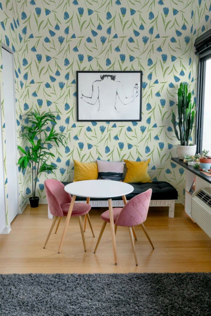 Eclectic style living room decorated with Cornflowers on beige peel and stick wallpaper