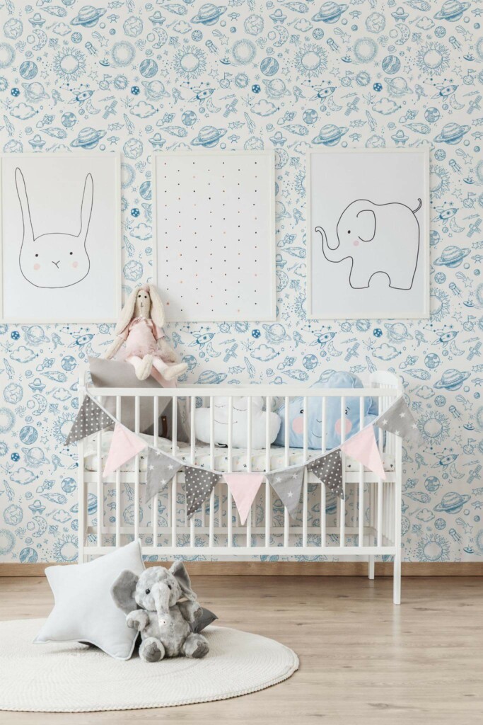 Minimal style nursery decorated with Cosmic stars peel and stick wallpaper
