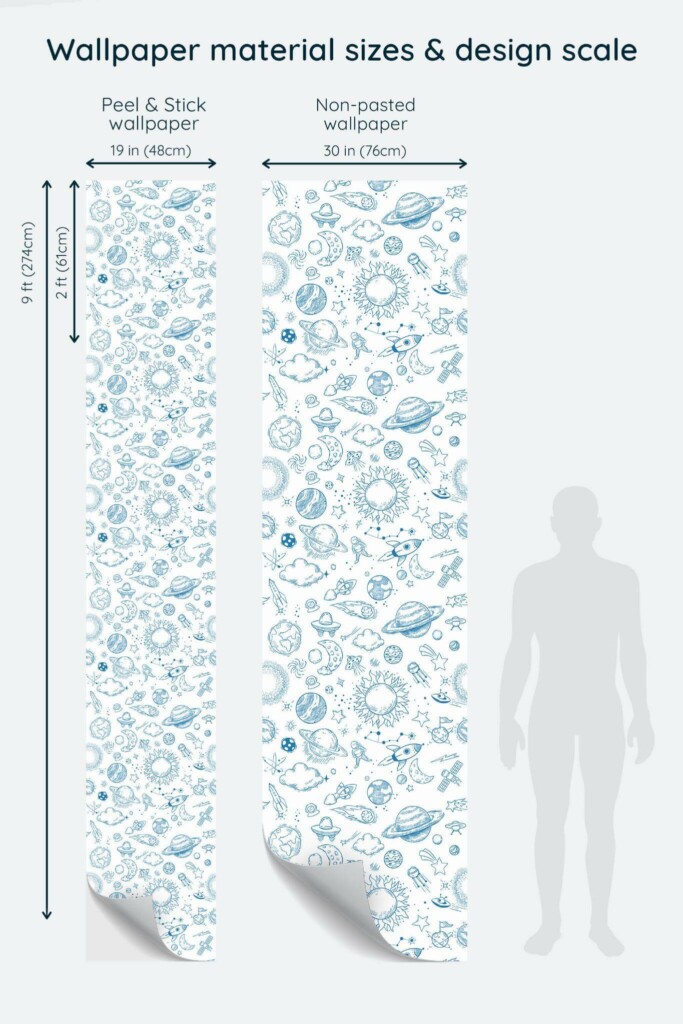Size comparison of Cosmic stars Peel & Stick and Non-pasted wallpapers with design scale relative to human figure