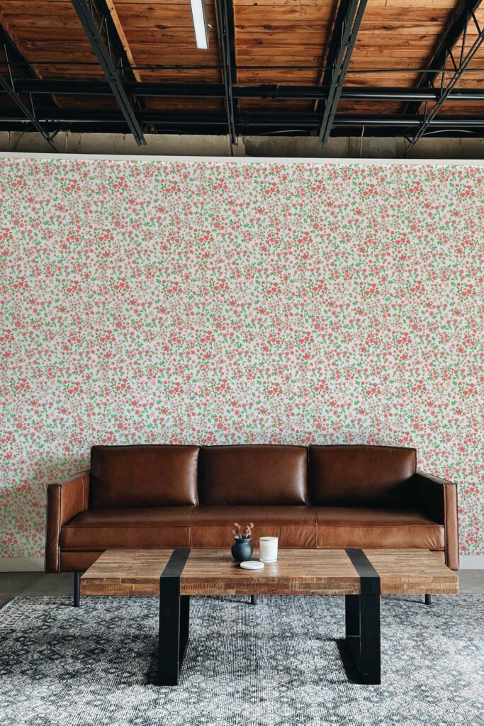Industrial rustic style living room decorated with Cottage core peel and stick wallpaper
